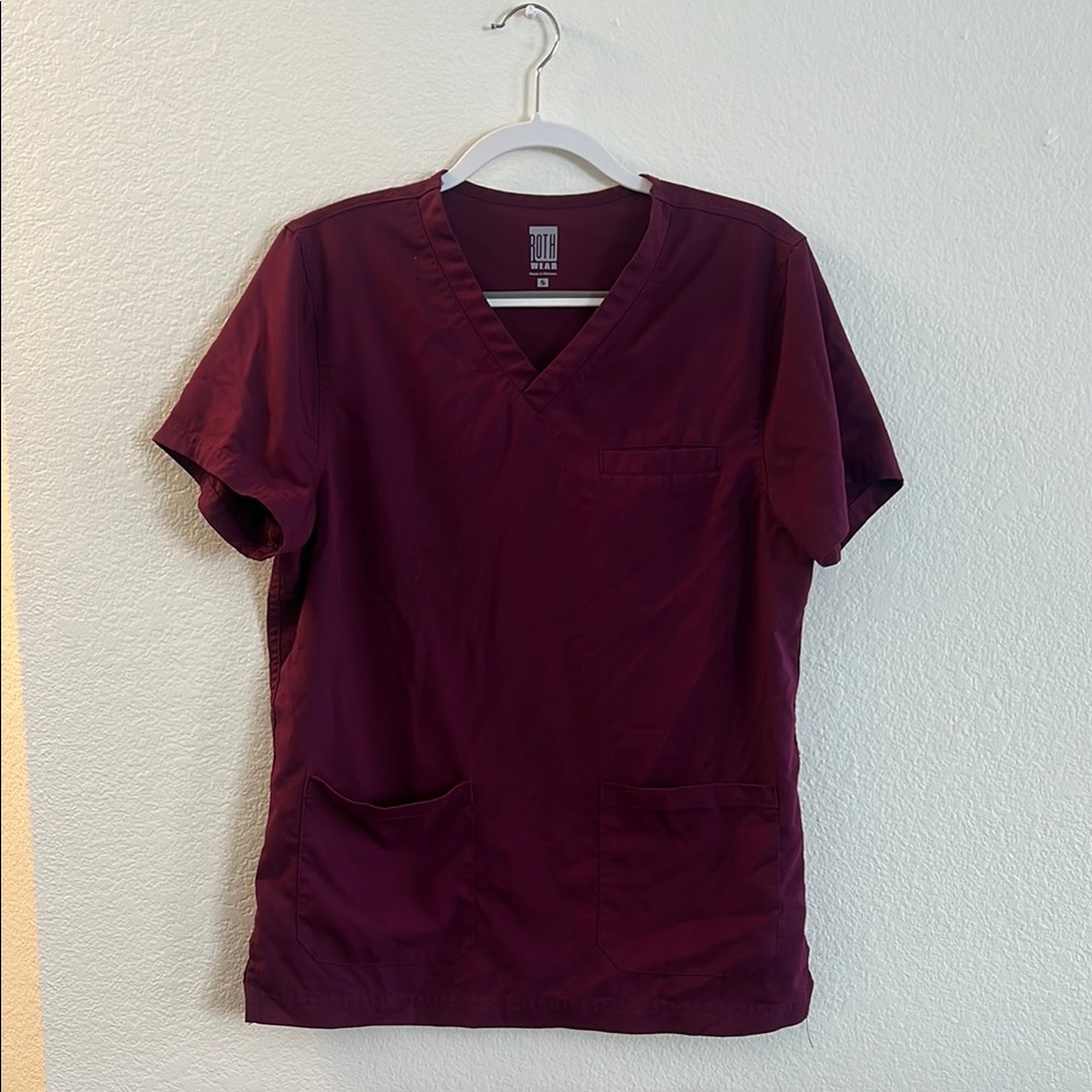 Wine Colored Short Sleeve V-Neck Scrub Top